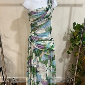 Acler One-Shoulder Dress with Floral Print in Blue, Green, and Purple